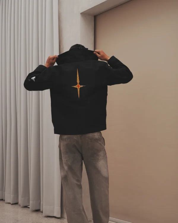 Model wearing the Higuruma work jacket, back embroidery