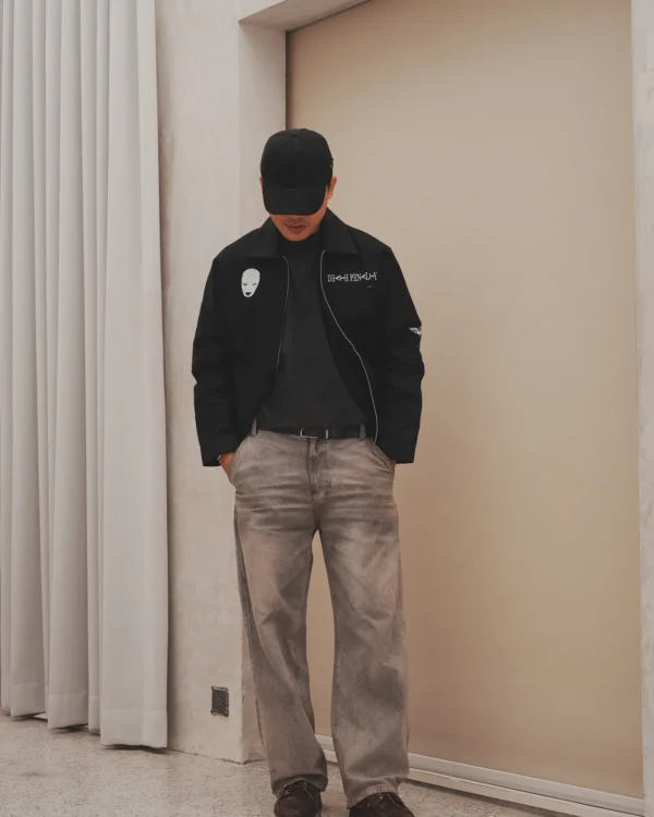 Model wearing the Higuruma work jacket, front